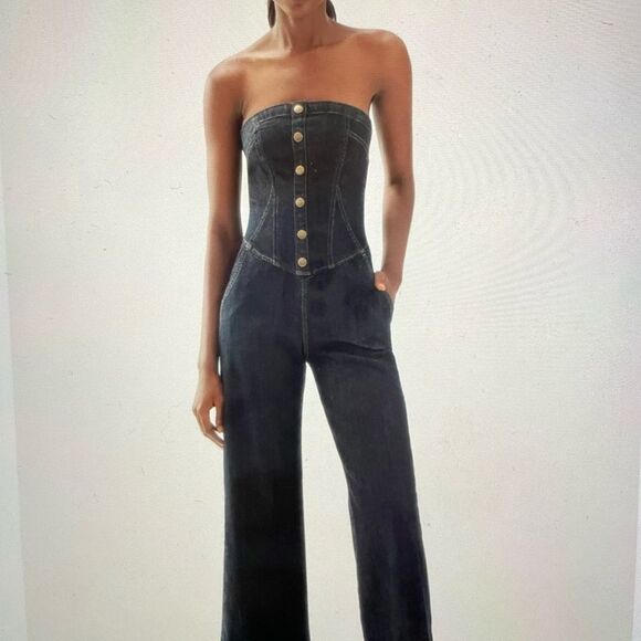 NEW! Anthropologie Pilcro Dark Denim Corset Wide Leg Jumpsuit - Size 12 - Picture 4 of 13